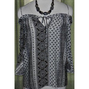 NWOT Mirabilia size large rayon artsy bare shoulder blouse blk / wht / tan